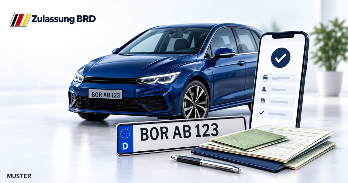 Online Fahrzeugzulassung in Borken: Musterkennzeichen BOR AB 123, Auto und Fahrzeugpapiere und Smartphone. Illustration mit Logo von Zulassung BRD.